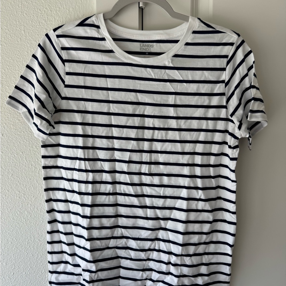 Lands' End White and Navy Short Sleeve Striped Crew Tee